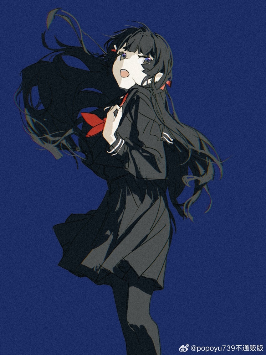1girl, black_eyes, black_hair, black_pantyhose, black_sailor_collar, black_serafuku, black_skirt, blue_background