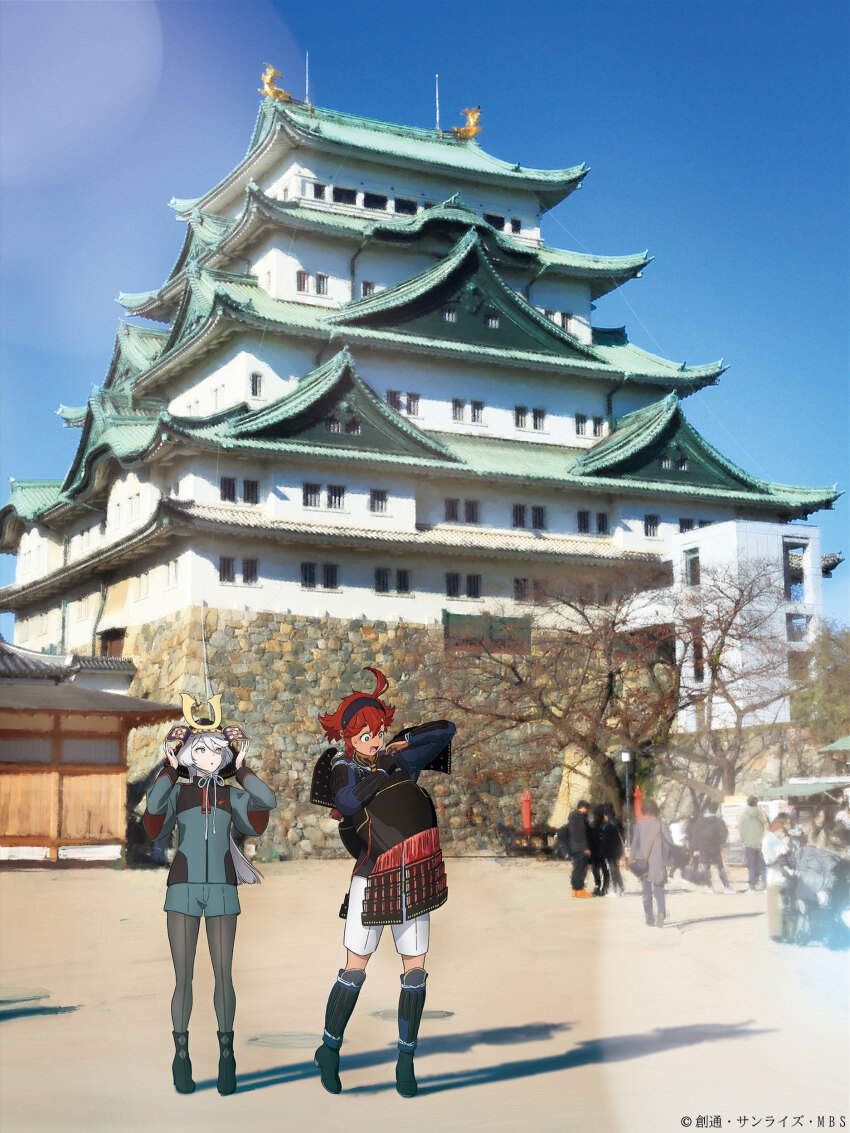 2girls, absurdres, ahoge, architecture, argyle_clothes, argyle_footwear, armor, artist_request