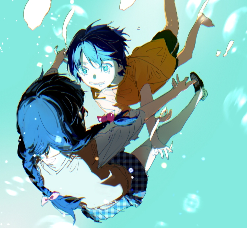 1boy, 1girl, air_bubble, barefoot, black_shorts, blue_eyes, blue_hair, blue_skirt