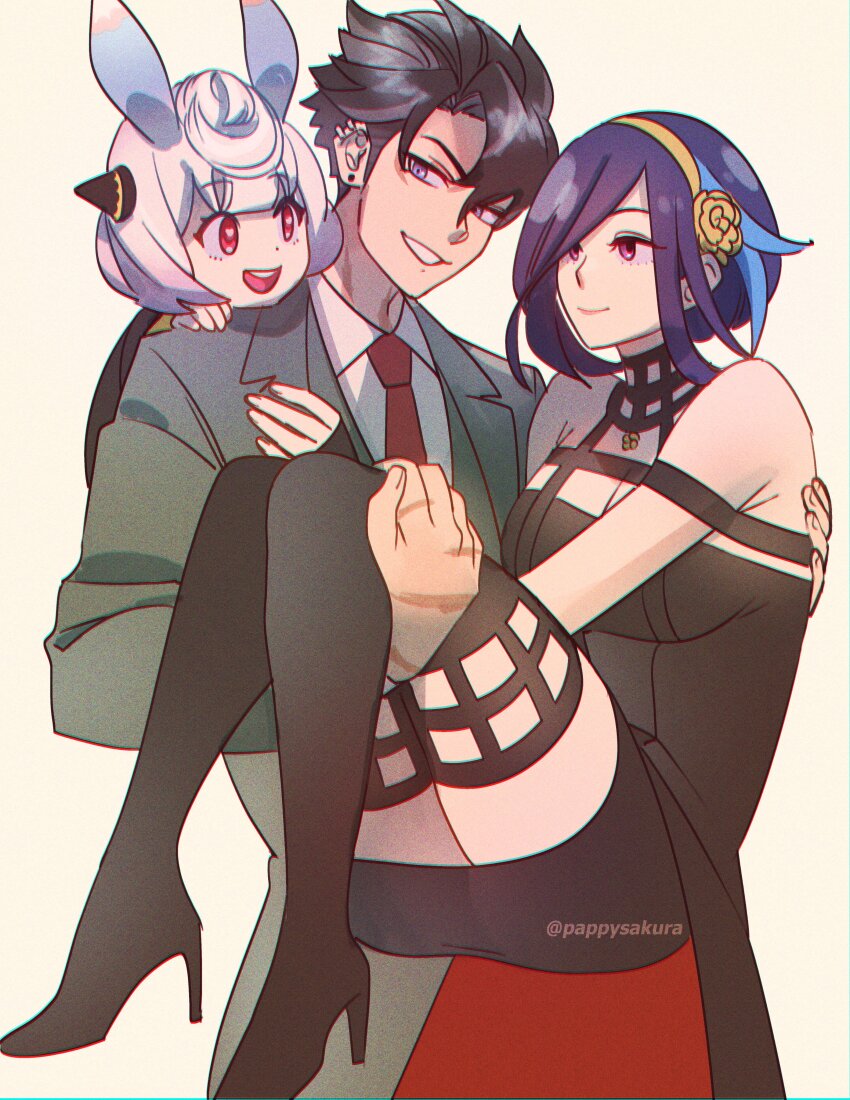 1boy, 2girls, absurdres, animal_ears, anya_(spy_x_family), anya_(spy_x_family)_(cosplay), black_dress, black_hair