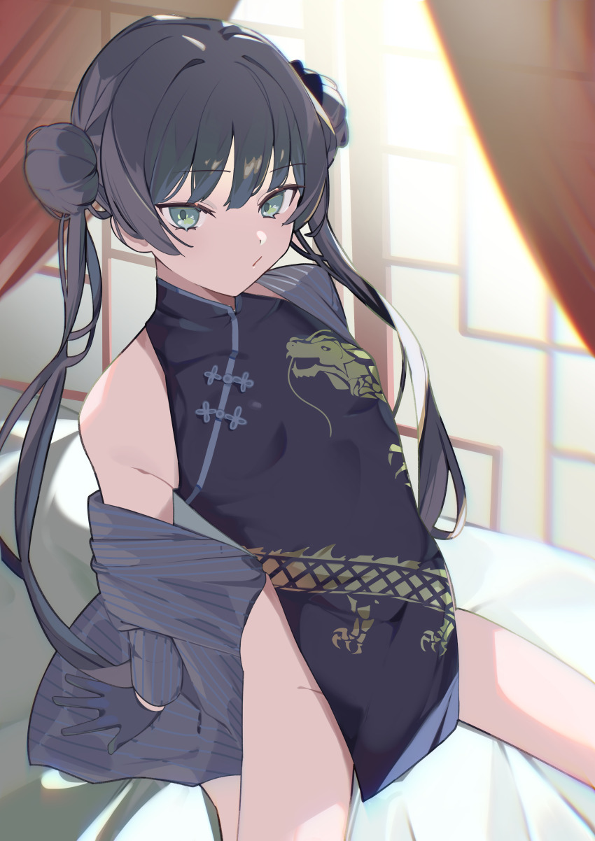 1girl, absurdres, black_dress, black_gloves, black_hair, blue_archive, breasts, china_dress, chinese_clothes, closed_mouth, coat, commentary_request, double_bun, dragon_print, dress, female_focus, gloves, green_eyes, grey_coat, groin, hair_bun, highres, hijo_(nakare2845), huge_filesize, indoors, kisaki_(blue_archive), loli, long_hair, looking_at_viewer, partial_commentary, pelvic_curtain, sleeveless, sleeveless_dress, small_breasts, solo, striped_coat, twintails, vertical-striped_coat