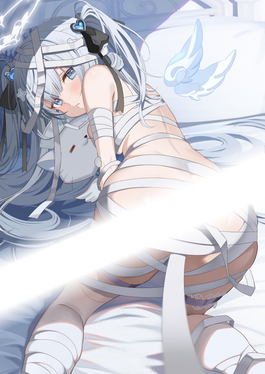 1girl, absurdres, alternate_costume, angel_wings, ass, bed, blue_eyes, blush