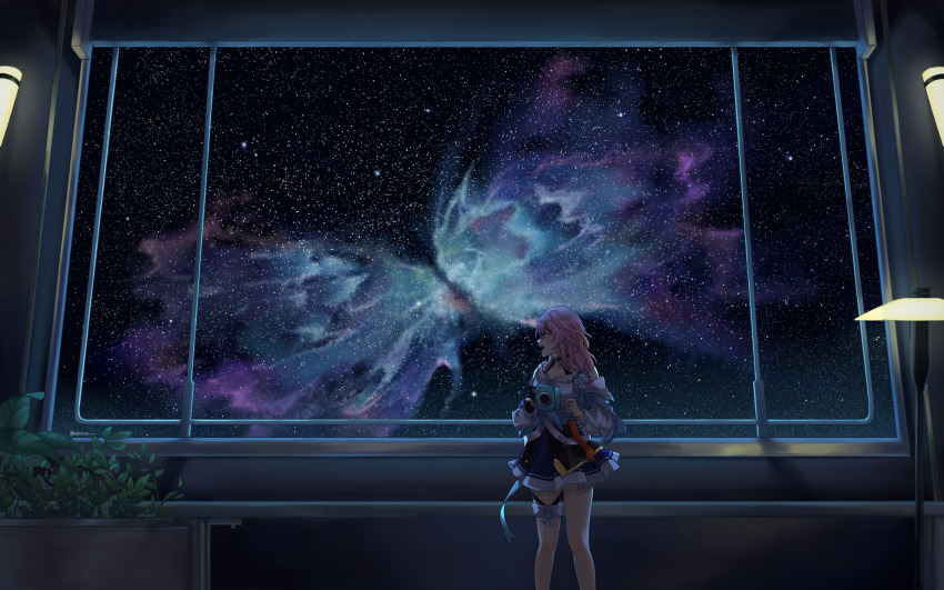 1girl, black_choker, black_corset, black_gloves, blue_eyes, blue_jacket, blue_skirt, camera