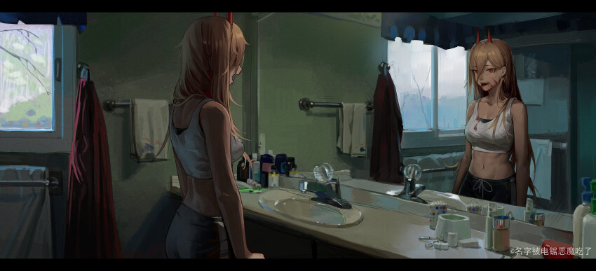 1girl, absurdres, artist_name, bare_arms, bathroom, blonde_hair, blood, blood_on_clothes, blood_on_face, bottle, branch, chainsaw_man, chinese_commentary, collarbone, commentary, cotton_swab, crop_top, cup, demon_girl, demon_horns, dyanju, electrical_outlet, eyelash_curler, fang, faucet, glowing, glowing_eyes, hair_between_eyes, highres, horns, indoors, leaf, letterboxed, long_hair, looking_at_viewer, midriff, movie_reference, pants, power_(chainsaw_man), red_eyes, reference_request, reflection, shampoo_bottle, sink, teeth, toothbrush, toothpaste, towel, track_pants, upper_teeth_only, window