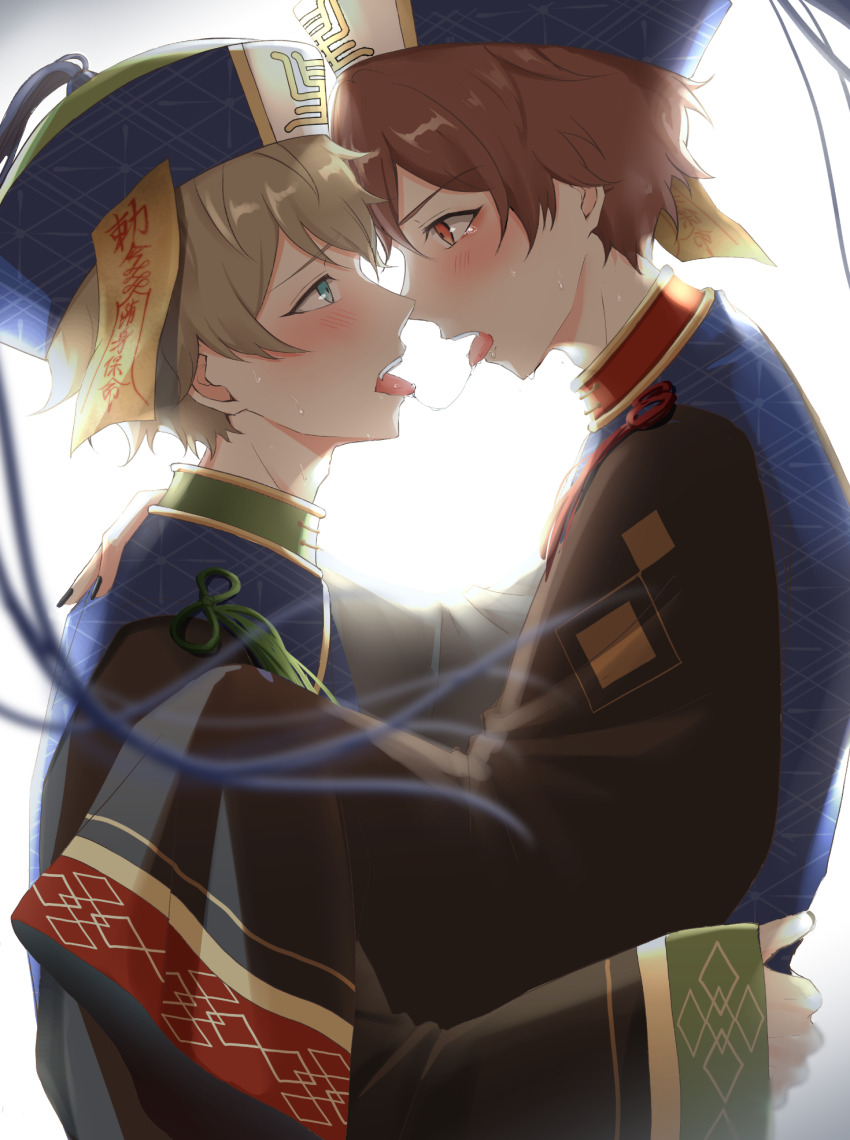 2boys, after_kiss, aqua_eyes, blonde_hair, brown_hair, newsboy_cap, chinese_clothes, ensemble_stars!