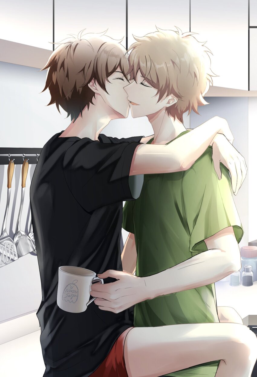 2boys, black_shirt, blonde_hair, brown_hair, closed_eyes, cup, ensemble_stars!, green_shirt