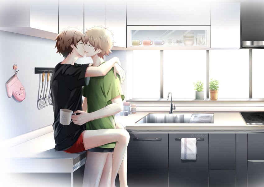 2boys, black_shirt, blonde_hair, brown_hair, closed_eyes, cup, ensemble_stars!, green_shirt