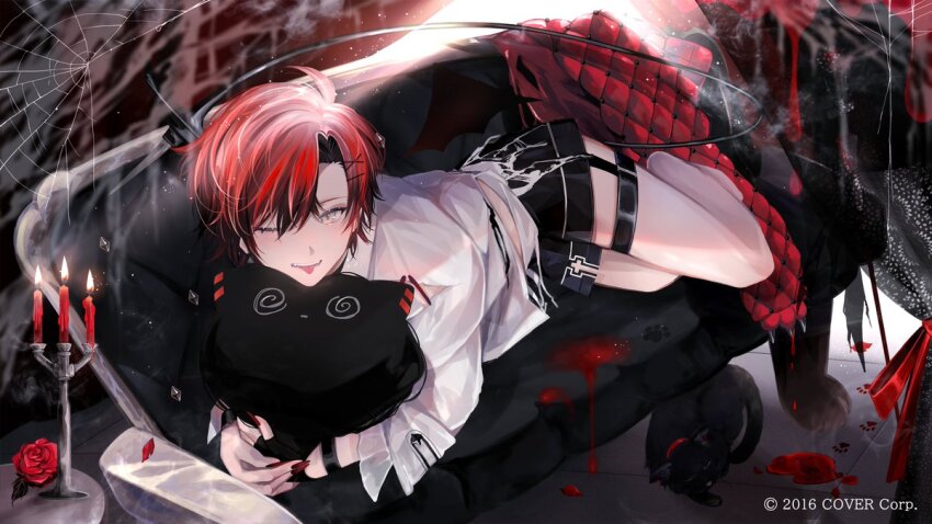 1boy, ambiguous_red_liquid, barefoot, black_cat, black_shorts, blush, candelabra, candlestand, cat, commentary, copyright_name, couch, crown_(artist), english_commentary, flower, full_body, green_eyes, hair_between_eyes, halloween, holostars, holostars_english, hugging_object, light_particles, looking_at_viewer, lying, machina_x_flayon, machiroon_(machina_x_flayon), male_focus, official_art, on_couch, on_stomach, one_eye_closed, paw_print, red_flower, red_hair, red_rose, rose, shirt, shorts, silk, smile, spider_web, tail, thigh_strap, tongue, tongue_out, trap, virtual_youtuber, white_shirt