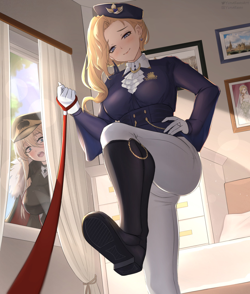 2girls, absurdres, ascot, azur_lane, bed, bedroom, bismarck_(azur_lane), bismarck_zwei_(azur_lane), black_cape, black_footwear, blonde_hair, blue_eyes, blue_headwear, blush, boots, breasts, cape, commission, cross, curtains, earrings, femdom, flower, frilled_ascot, frills, from_below, gloves, hat, hat_flower, highres, holding, holding_leash, hood_(azur_lane), hood_(gentlewoman_and_stallion)_(azur_lane), hood_(rosey_love_poem)_(azur_lane), indoors, iron_cross, jacket, jewelry, knee_boots, large_breasts, leash, long_hair, long_sleeves, military_hat, military_uniform, multiple_girls, official_alternate_costume, pants, pants_tucked_in, peaked_cap, peeking, portrait, pov, riding_boots, riding_outfit, ring, royal_navy_emblem_(azur_lane), shirt, shoe_soles, smirk, surprised, tilted_headwear, upper_body, viewer_on_leash, wedding_ring, white_ascot, white_gloves, white_horse, white_pants, white_shirt, window, yunareas