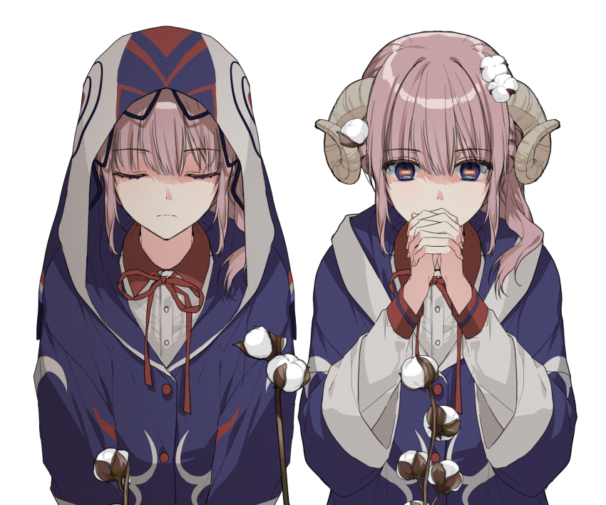 2girls, absurdres, blue_eyes, blue_jacket, closed_eyes, closed_mouth, collared_shirt, commentary_request