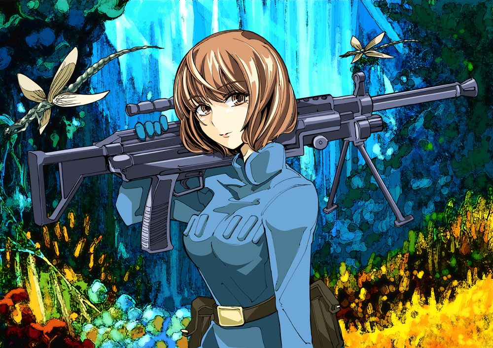 1980s_(style), 1girl, aoki_yuriko, bakuman, belt, brown_eyes, brown_hair, female_focus