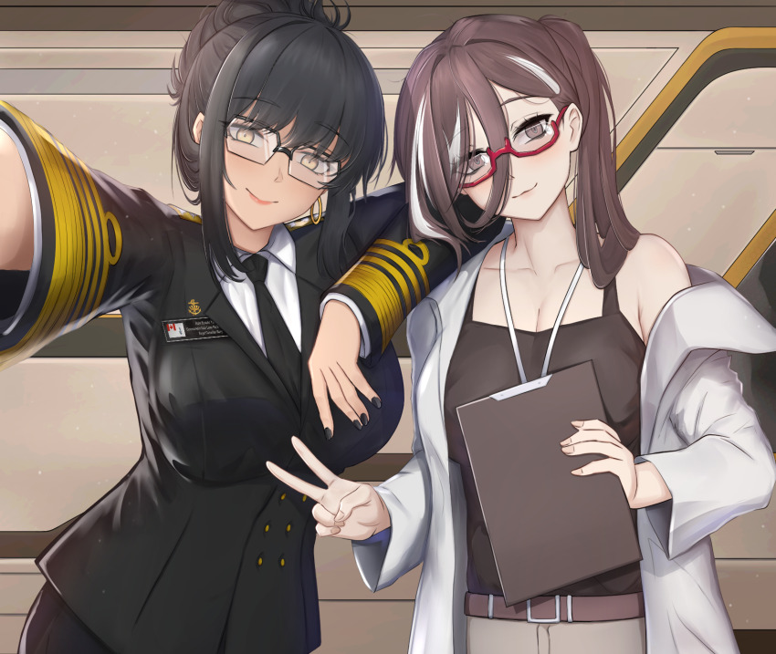 2girls, azur_lane, black_hair, black_jacket, black_nails, black_necktie, breasts, brown_eyes