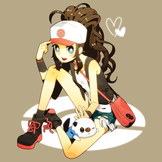 10s, baseball_cap, blue_eyes, denim, denim_shorts, gen_5_pokemon, hat, hilda_(pokemon), m-minato, nintendo, oshawott, pokemon, pokemon_(creature), pokemon_black_and_white, shorts