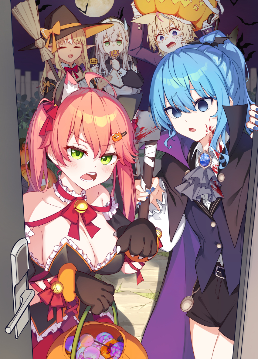 5girls, absurdres, ahoge, alternate_costume, animal_ears, animal_hands, axe, bat_(animal)