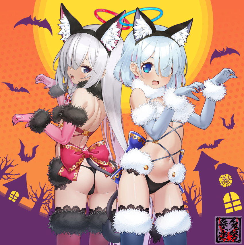 2girls, animal_ear_fluff, animal_ears, arona_(blue_archive), artist_logo, artist_name, ass, black_eyes, blue_archive, blue_eyes, blue_gloves, blue_hair, blue_halo, blue_thighhighs, blush, braid, colored_inner_hair, fake_animal_ears, fake_tail, female_focus, flat_chest, fur-trimmed_gloves, fur-trimmed_thighhighs, fur_trim, gloves, hair_over_one_eye, halloween, halloween_costume, halo, highres, kido_airaku, logo, loli, long_hair, looking_at_viewer, multicolored_hair, multiple_girls, navel, open_mouth, pink_gloves, pink_hair, plana_(blue_archive), red_halo, red_thighhighs, short_hair, single_braid, smile, standing, tail, thighhighs, white_hair