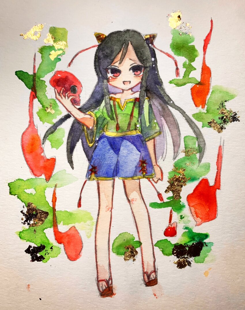 1girl, black_hair, blush, flip-flops, full_body, green_shirt, highres, holding