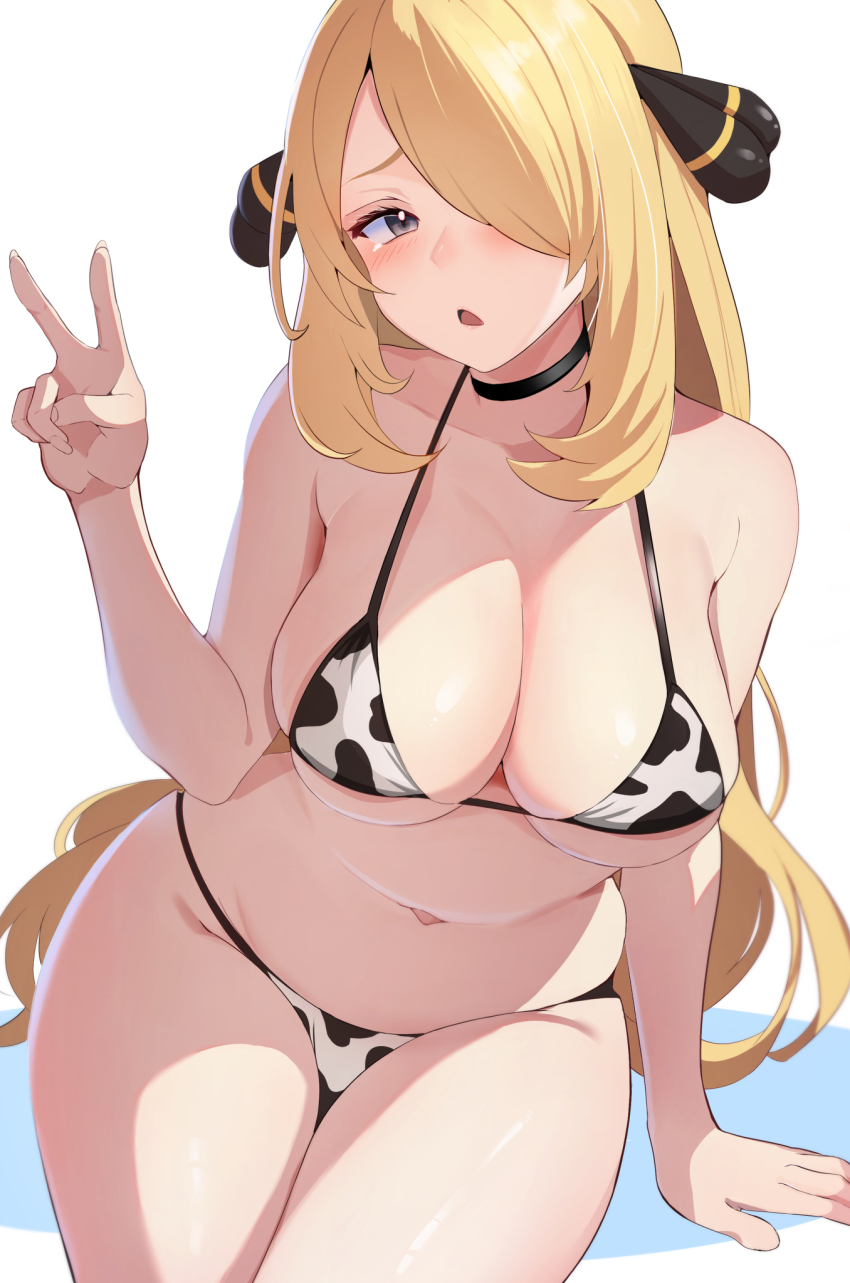 1girl, :o, animal_print, bikini, black_choker, blonde_hair, breasts, choker, cow_print, cow_print_bikini, curvy, cynthia_(pokemon), hair_ornament, hair_over_one_eye, hand_up, hego_0102, highres, large_breasts, long_hair, navel, nintendo, open_mouth, pokemon, pokemon_diamond/pearl/platinum, print_bikini, sitting, skindentation, solo, stomach, swimsuit, thighs, v, very_long_hair
