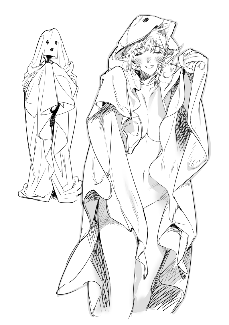 1girl, cape, dungeon_meshi, falin_touden, falin_touden_(tallman), halloween, halloween_costume, monochrome