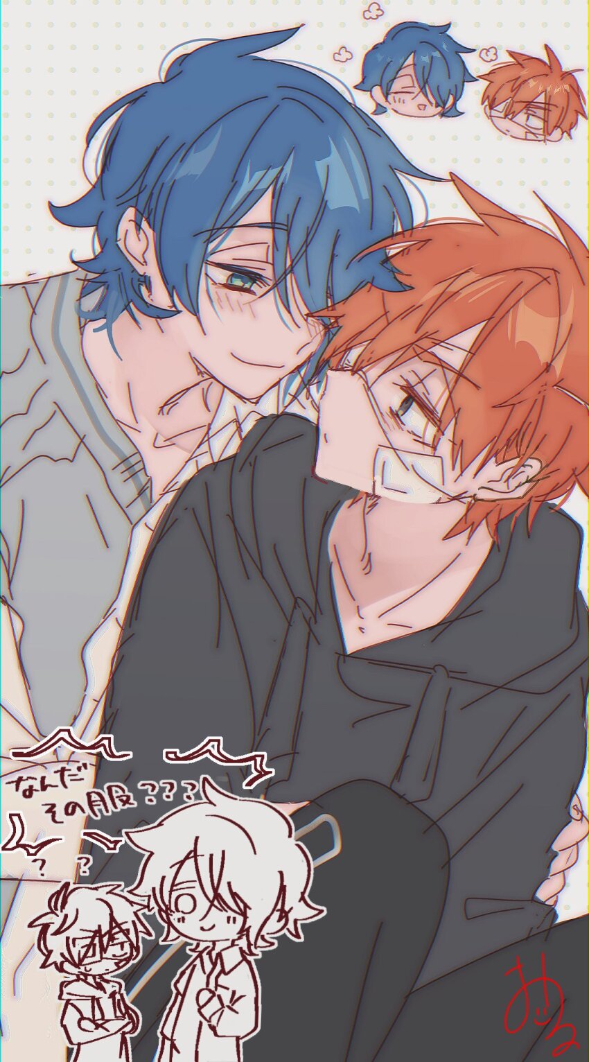 2boys, bandaid, bandaid_on_cheek, bandaid_on_face, black_pants, blue_eyes, blue_hair, blush