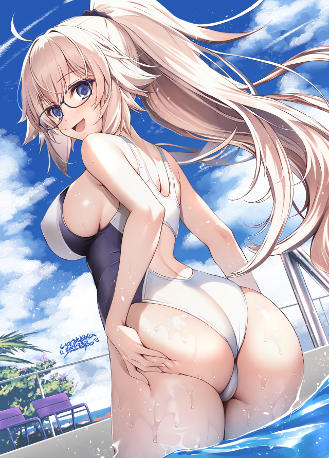 1girl, ass, blonde_hair, blue_eyes, fate/grand_order, fate_(series), glasses, inoue_tomii