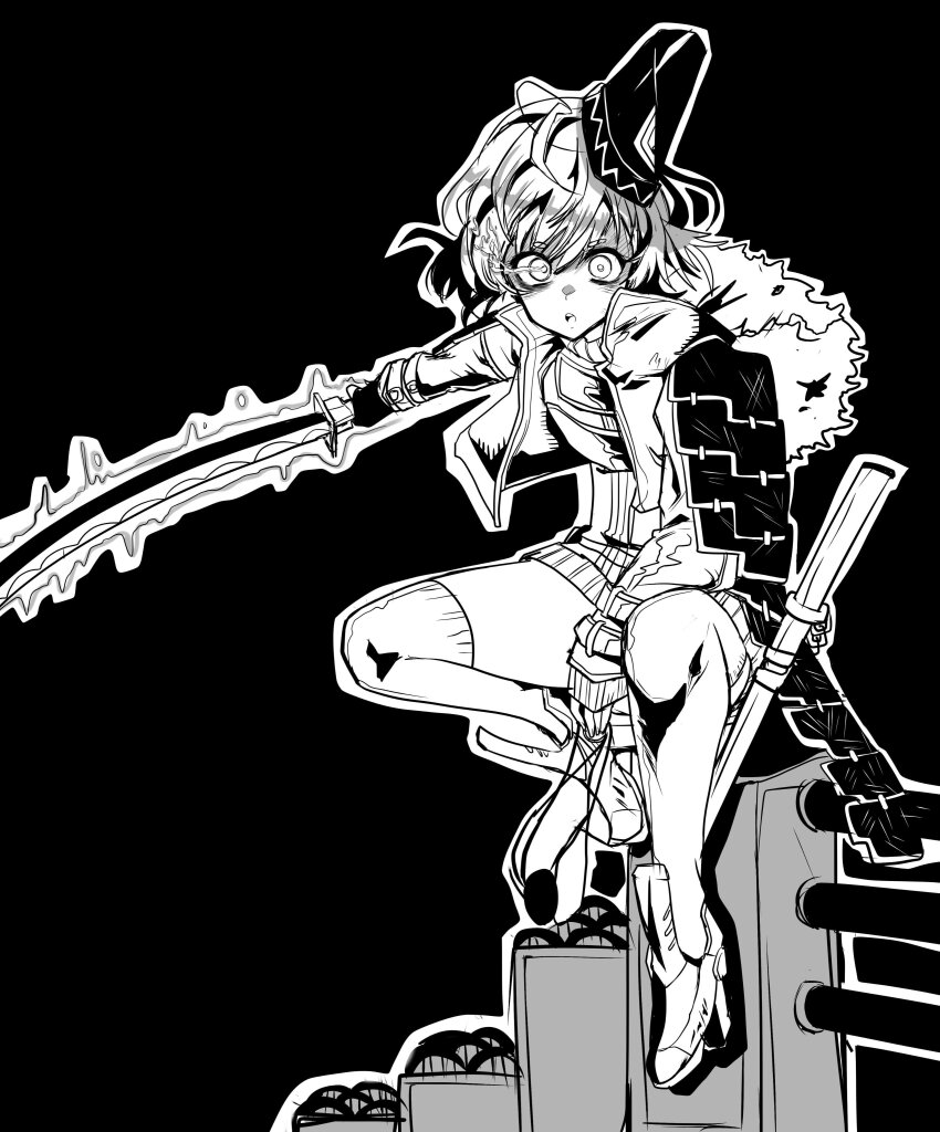 absurdres, armor, armored_boots, aura, black_background, boots, eye_trail, eyepatch, foeyp, fur_trim, hat, highres, holding, holding_sword, holding_weapon, jacket, japanese_armor, kusazuri, light_trail, looking_at_viewer, monochrome, onimaru_kunitsuna_(tenka_hyakken), open_clothes, open_jacket, open_mouth, short_hair, shoulder_armor, sitting, sode, sword, tachi_(weapon), tate_eboshi, tenka_hyakken, thighhighs, unworn_eyepatch, weapon