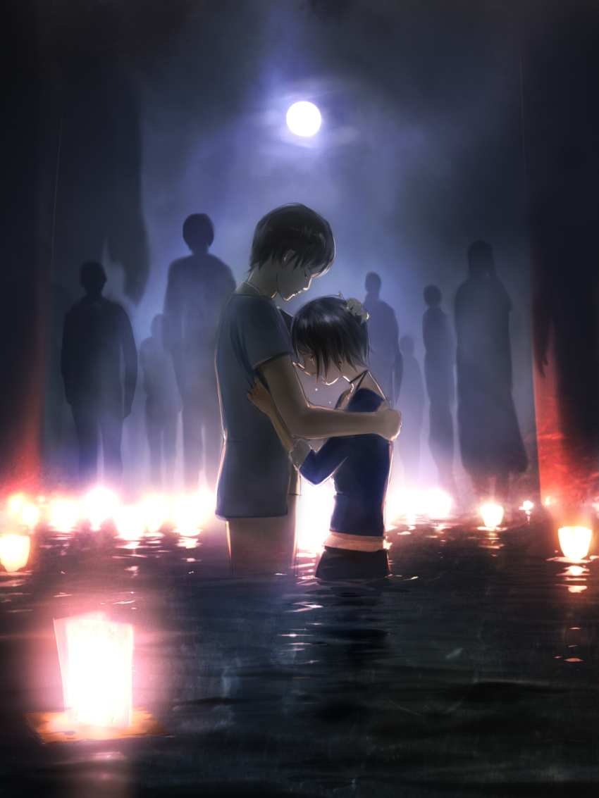 1boy, 1girl, asou_yuu, black_hair, blush, denim, earrings, fatal_frame