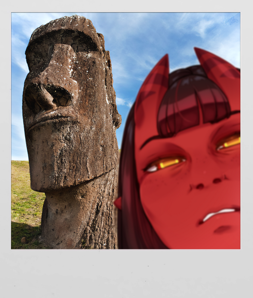 1girl, black_hair, blunt_bangs, blurry, blurry_foreground, border, colored_skin, commentary, demon_girl, easter_island, english_commentary, fake_photograph, freckles, hair_between_horns, horns, long_hair, looking_at_viewer, meruccubus_(merunyaa), merunyaa, moai, oni, original, photo_background, pointy_ears, polaroid_photo, red_oni, red_skin, skin-covered_horns, solo, statue, white_border, yellow_eyes