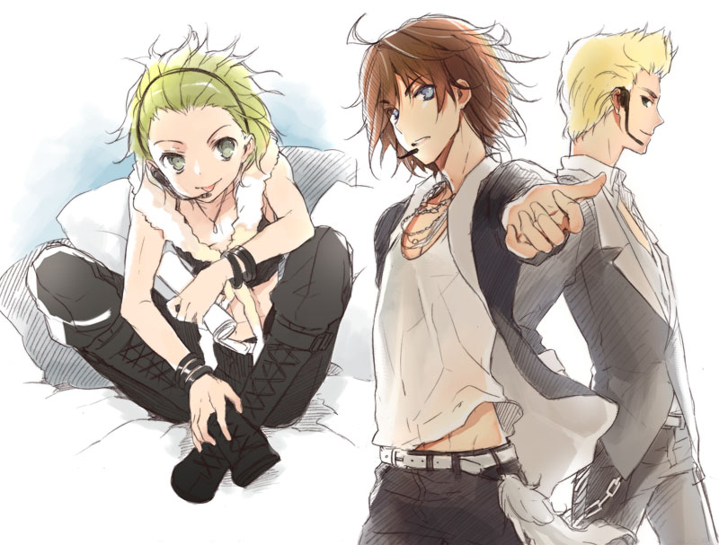 10s, 3boys, :p, amagase_touma, blonde_hair, boots, brown_hair, cuteg, headphones, idolmaster, idolmaster_2, ijuuin_hokuto, jupiter_(idolmaster), male_focus, mitarai_shouta, multiple_boys, project_jupiter, sitting, tongue, tongue_out