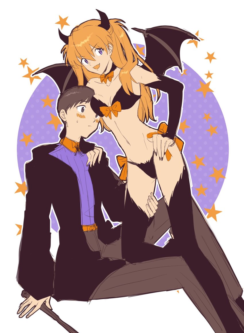 1boy, 1girl, adapted_costume, arm_support, bikini, black_bikini, black_hair, blue_eyes