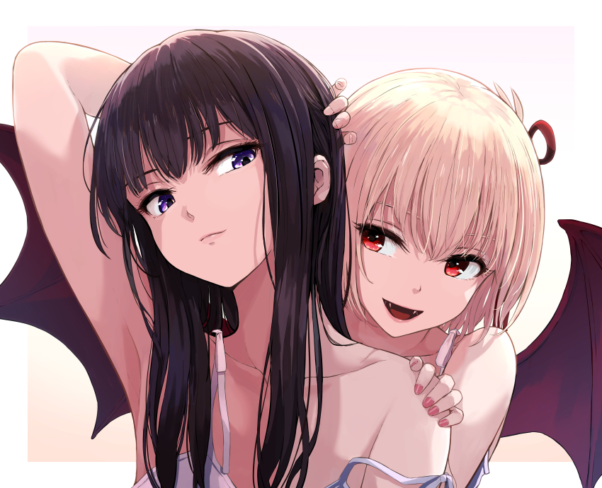 2girls, absurdres, arm_behind_head, bare_shoulders, black_hair, blonde_hair, border, camisole