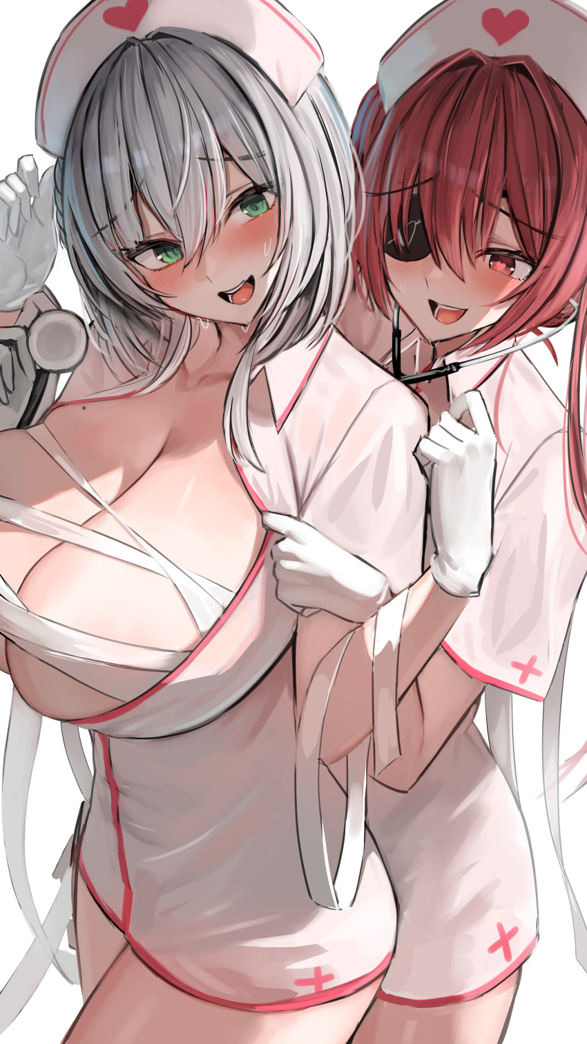 2girls, :d, absurdres, bandages, behind_another, breasts, dress, eyepatch, gloves, green_eyes, grey_hair, halloween_costume, hana_hebi, hands_up, hat, heart, heart-shaped_pupils, highres, holding, holding_stethoscope, hololive, houshou_marine, huge_breasts, mole, mole_on_breast, multiple_girls, nurse, nurse_cap, open_clothes, open_mouth, open_shirt, red_eyes, red_hair, shirogane_noel, short_dress, smile, stethoscope, symbol-shaped_pupils, virtual_youtuber, white_gloves
