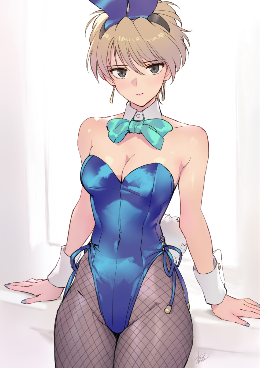 1girl, alternate_costume, animal_ears, arm_support, bare_shoulders, blonde_hair, blue_leotard, blue_nails, bow, bowtie, breasts, cleavage, closed_mouth, collarbone, commission, covered_navel, cowboy_shot, detached_collar, earrings, fake_animal_ears, fake_tail, fishnet_pantyhose, fishnets, floating_earrings, fushigi_yuugi, grey_eyes, hair_between_eyes, highleg, highleg_leotard, highres, hongou_yui, jewelry, leaning_back, leotard, looking_at_viewer, matsuda_(matsukichi), medium_breasts, pantyhose, pixiv_commission, playboy_bunny, rabbit_ears, rabbit_tail, short_hair, solo, strapless, strapless_leotard, swept_bangs, tail, wrist_cuffs
