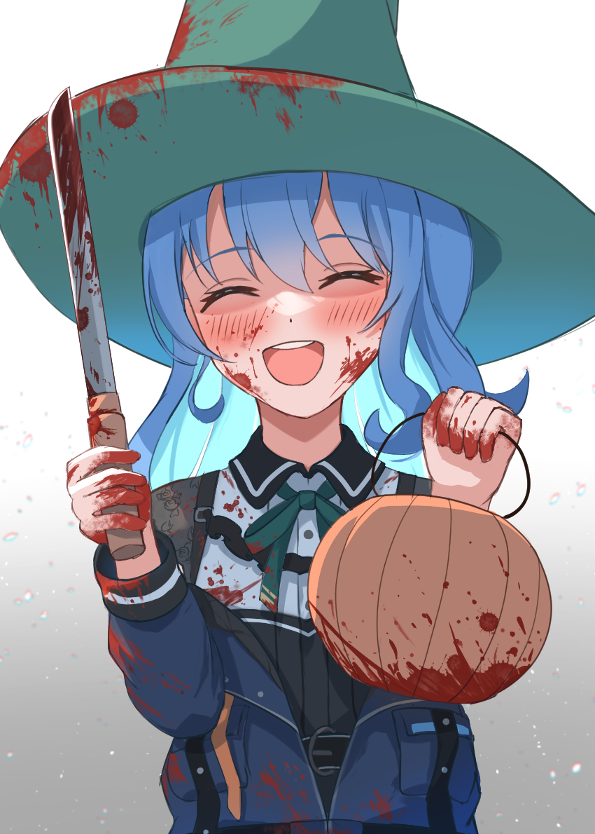 1girl, akagawashake, blood, blue_hair, closed_eyes, halloween, hat, hololive