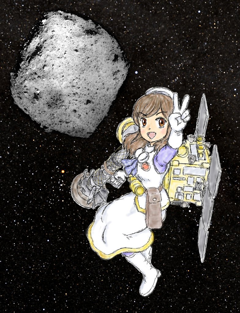 1girl, asteroid, beret, boots, brown_eyes, brown_hair, deep_space_probe, full_body