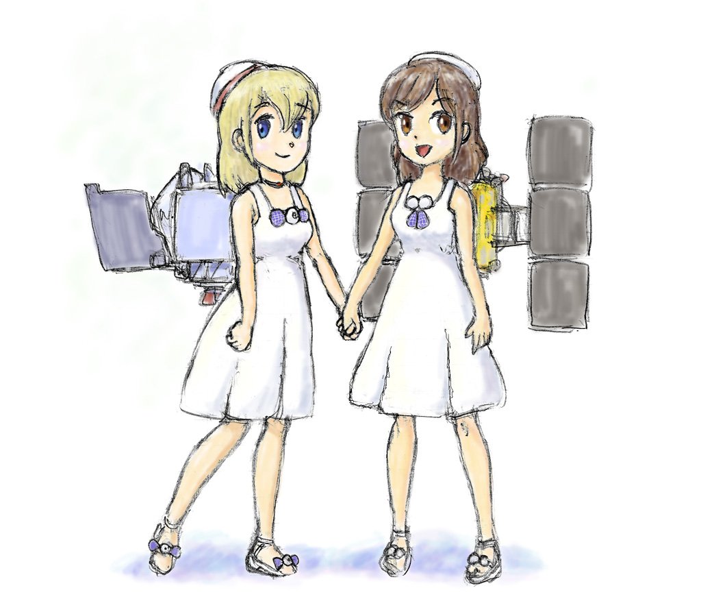 2girls, beret, blonde_hair, blue_eyes, brown_eyes, brown_hair, dress, full_body