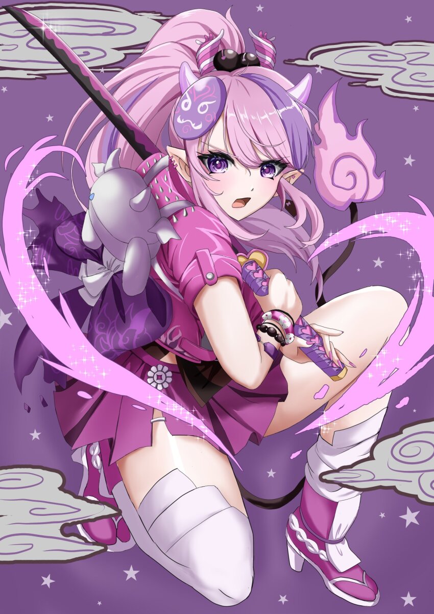 1girl, blush, boots, cropped_jacket, demon_girl, demon_horns, demon_tail, earrings, high_heels, highres, holding, holding_sword, holding_weapon, horns, ironmouse, ironmouse_(yokai_hunter), jacket, japanese_clothes, jewelry, kimono, long_hair, looking_at_viewer, mask, mask_on_head, momomomooo13, multicolored_hair, open_mouth, pink_boots, pink_hair, pink_jacket, pointy_ears, ponytail, purple_eyes, purple_hair, purple_kimono, purple_skirt, skirt, streaked_hair, sword, tail, virtual_youtuber, vshojo, weapon