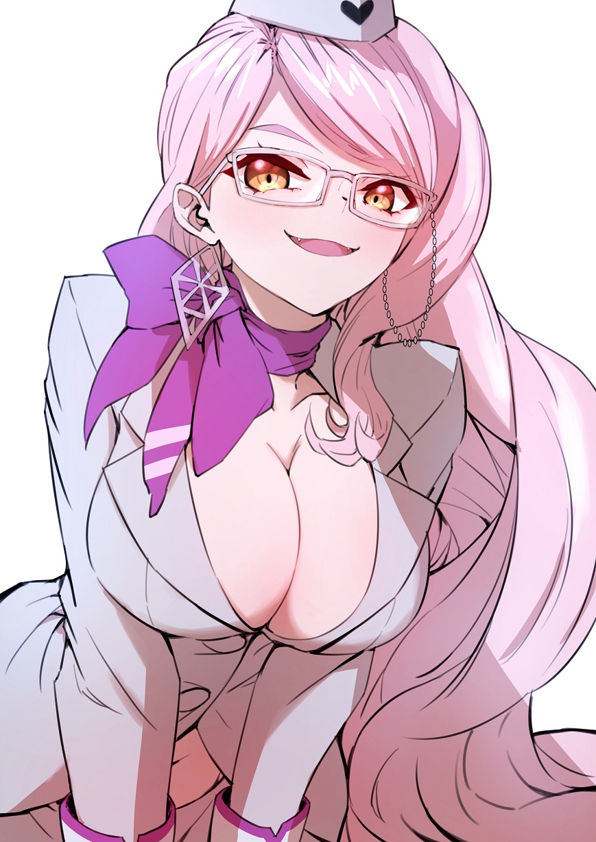 1girl, blush, breasts, choker, cleavage, earrings, eyewear_strap, fate/grand_order, fate_(series), garrison_cap, glasses, hamao_1, hat, highres, jewelry, koyanskaya_(fate), koyanskaya_(foreigner)_(first_ascension)_(fate), large_breasts, leaning_forward, long_hair, looking_at_viewer, navel, pink_hair, pink_scarf, ribbon_choker, scarf, simple_background, sleeve_cuffs, smile, solo, stomach, white-framed_eyewear, white_background, white_hat, yellow_eyes