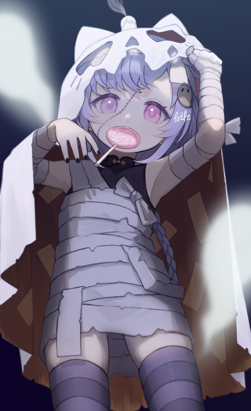 1girl, 750x077, absurdres, arms_up, bandaged_arm, bandaged_chest, bandaged_hand, bandages, black_dress, black_nails, blue_background, braid, braided_ponytail, candle, candy, china_dress, chinese_clothes, claw_pose, cowboy_shot, dress, food, food_in_mouth, genshin_impact, ghost_costume, ghost_hair_ornament, hair_ornament, halloween_costume, highres, hitodama, lollipop, long_hair, looking_at_viewer, mummy_costume, purple_eyes, purple_hair, purple_thighhighs, qiqi_(genshin_impact), signature, sleeveless, sleeveless_dress, solo, stitched_face, stitches, thighhighs