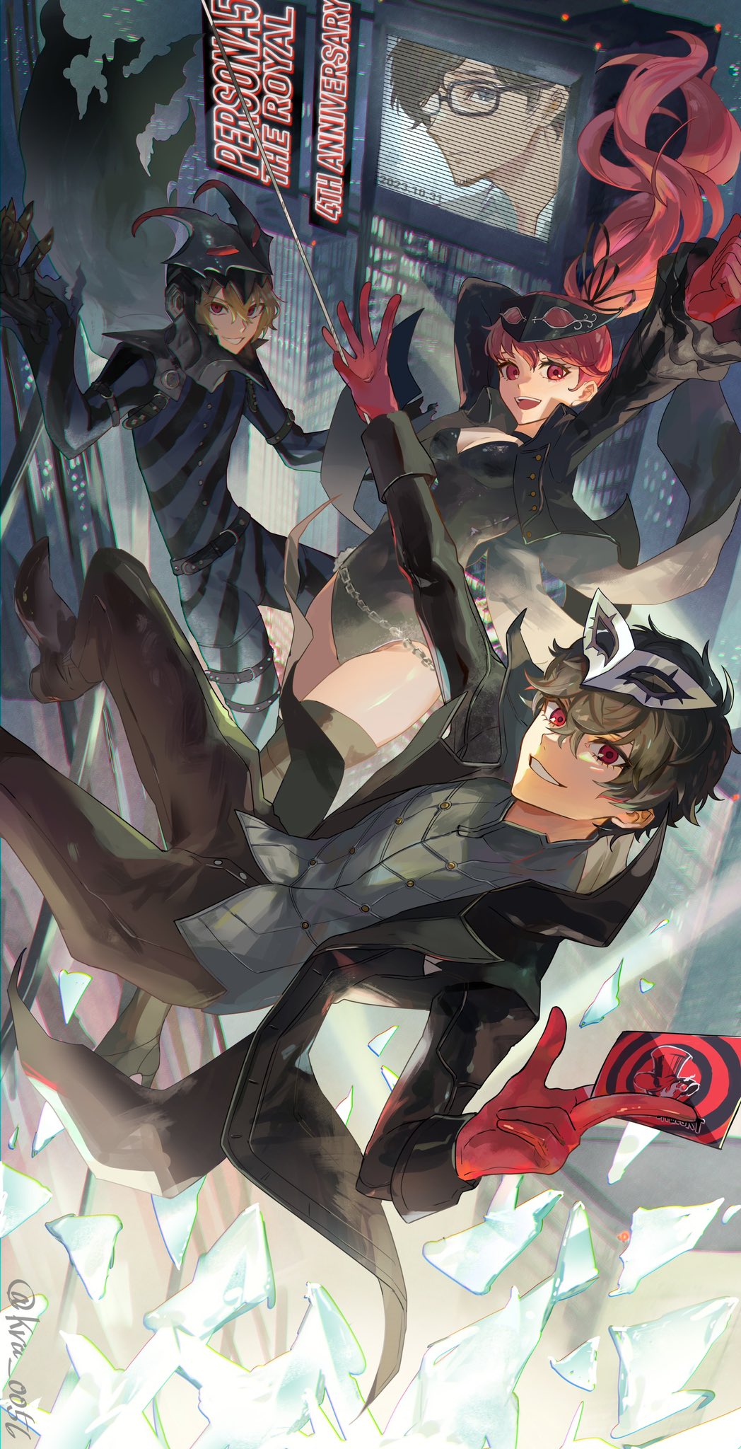 1girl, 3boys, akechi_gorou, amamiya_ren, anniversary, black-framed_eyewear, black_cape, black_choker