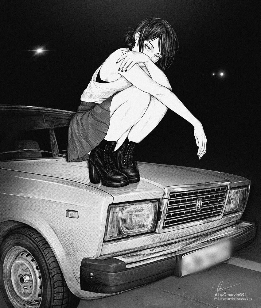 1girl, absurdres, bare_arms, bare_shoulders, boots, bra, bra_peek, car