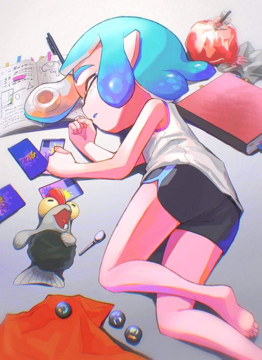 1girl, ass, azkrock, barefoot, black_shorts, blue_hair, book, closed_eyes, feet, fish, highres, inkling, inkling_girl, inkling_player_character, legs, lying, nintendo, on_side, pen, pointy_ears, shirt, short_hair, short_shorts, shorts, sleeping, sleeveless, sleeveless_shirt, smallfry_(splatoon), soles, splatoon_(series), splatoon_3, suction_cups, tears, tentacle_hair, thighs, toes, white_shirt