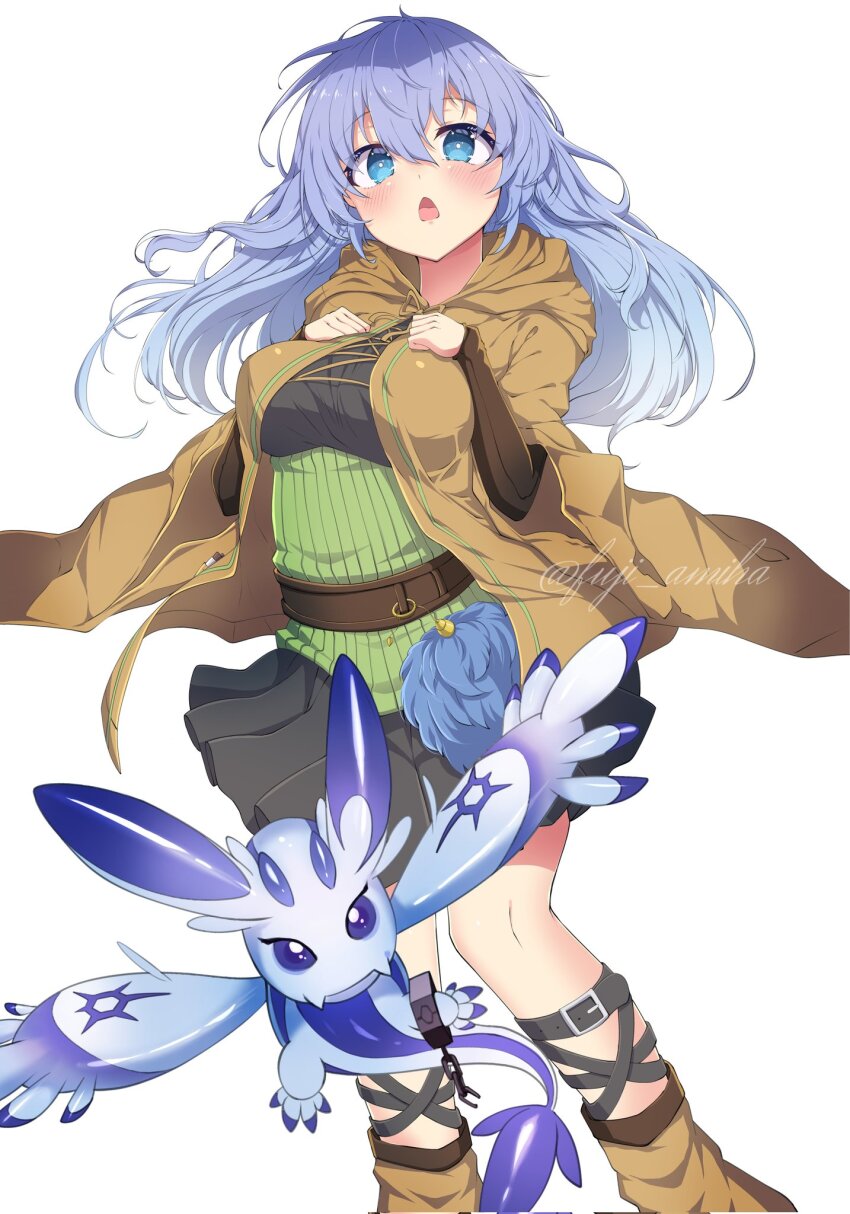 1girl, blue_eyes, blue_hair, blush, breasts, brown_robe, duel_monster, eria_(yu-gi-oh!)