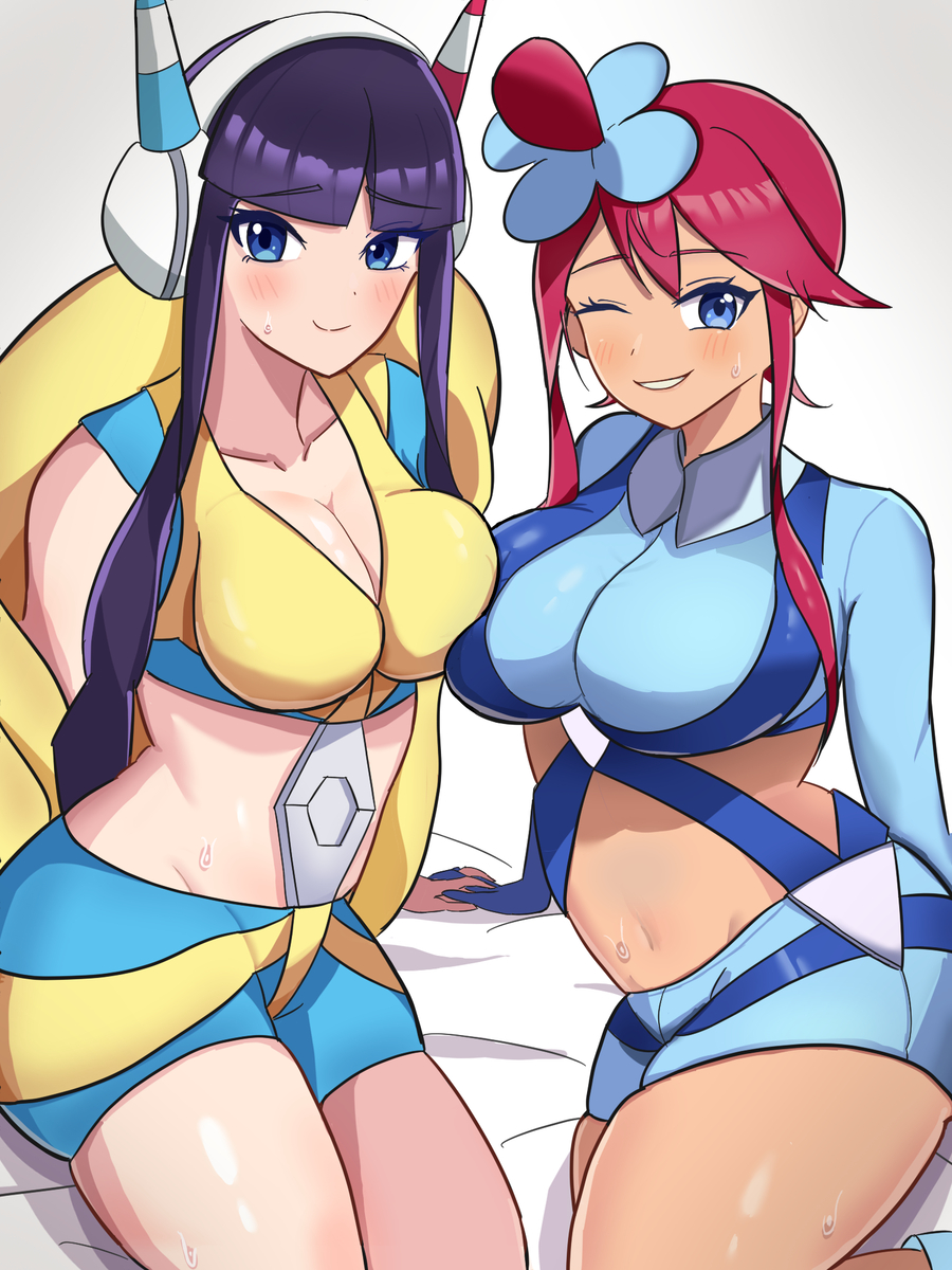 2girls, amrbatafri, bare_shoulders, black_hair, blue_eyes, breast_press, breasts, cleavage