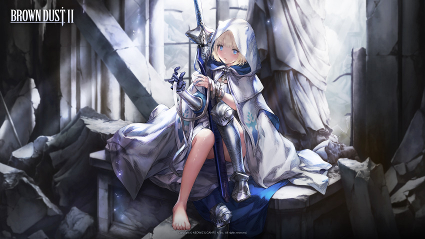 1girl, absurdres, bandages, blonde_hair, blue_eyes, brown_dust_(series), brown_dust_2, copyright_name