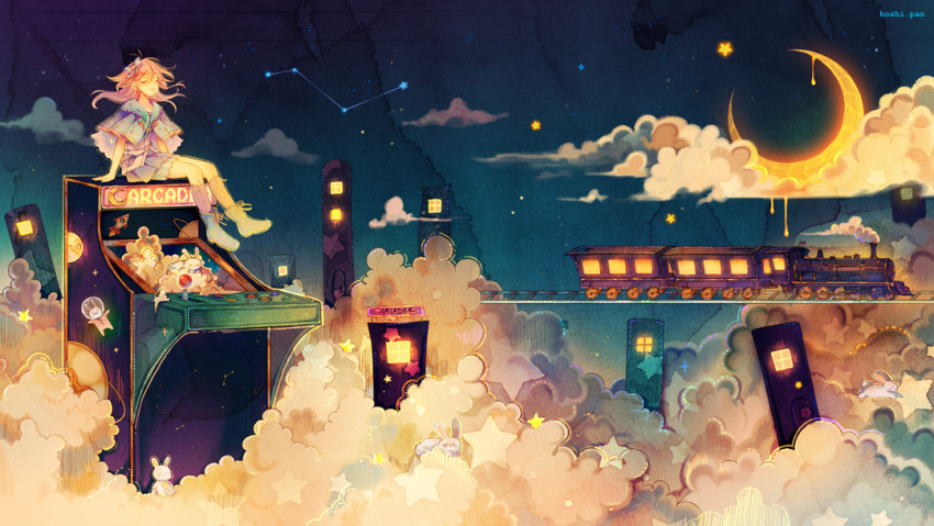 1girl, antenna_hair, arcade_cabinet, artist_name, blue_boots, blue_capelet, blue_shorts, blue_skirt