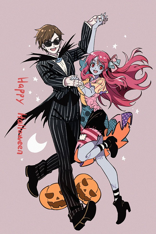 1boy, 1girl, cosplay, da_huang, dancing, glasses, halloween, holding_hands