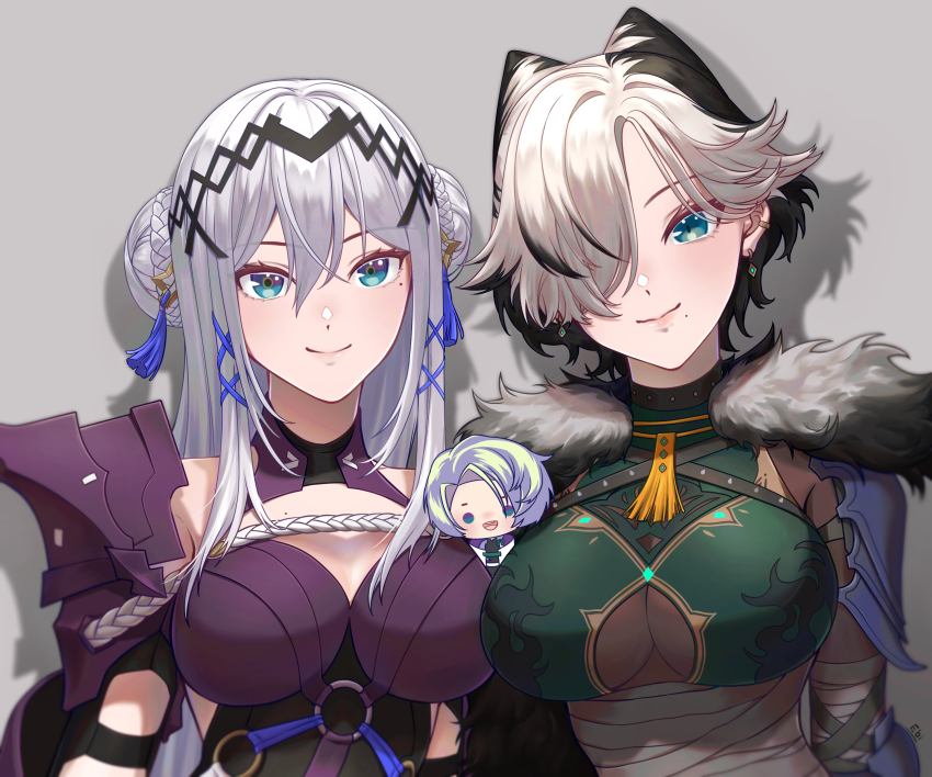 2girls, absurdres, aqua_eyes, armor, bandaged_arm, bandages, black_hair, breasts, claude_clawmark, cone_hair_bun, double_bun, earrings, ebi_(neko2112), fur_trim, grey_hair, hair_bun, hair_ornament, hair_over_one_eye, highres, jewelry, kunai_nakasato, large_breasts, mole, mole_under_eye, mole_under_mouth, multiple_girls, nijisanji, nijisanji_en, short_hair, shoulder_armor, smile, tassel, tassel_hair_ornament, ttt_(nijisanji), victoria_brightshield, virtual_youtuber, white_hair