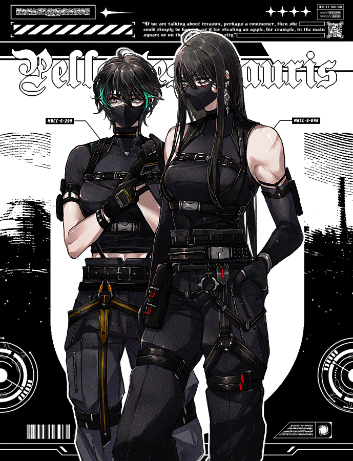 2girls, belt, black_belt, black_gloves, black_hair, black_pants, black_tank_top, breasts, cargo_pants, chest_belt, cinnabar_(path_to_nowhere), earrings, english_text, gloves, grey_eyes, hair_between_eyes, jewelry, long_hair, loose_pants, makeup, mamaloni, mask, medium_breasts, mouth_mask, multicolored_hair, multiple_belts, multiple_girls, pants, path_to_nowhere, rahu_(path_to_nowhere), scar, short_sleeves, sleeveless, streaked_hair, tank_top, toned, toned_female, white_eyes