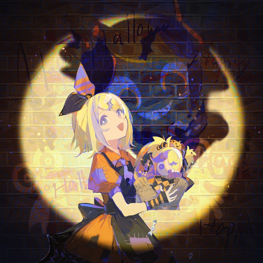 1girl, absurdres, apron, basket, bat_hair_ornament, black_apron, black_bow, blonde_hair