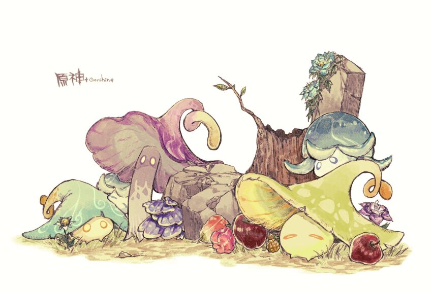 apple, berry, blue_flower, closed_eyes, commentary_request, copyright_name, flower, food, fruit, fungi_(genshin_impact), genshin_impact, gisi2nowaki, grass, highres, kalpalata_lotus, leaf, looking_at_viewer, mushroom, no_humans, on_head, plant, purple_flower, rock, rukkhashava_mushroom_(genshin_impact), simple_background, stick, sumeru_rose_(genshin_impact), sunsettia_(genshin_impact), sweet_flower, tree_stump, vines, white_background, white_flower, zaytun_peach_(genshin_impact)